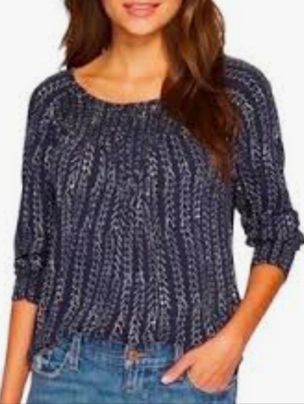 Lucky Brand Navy and White Printed Peasant Top